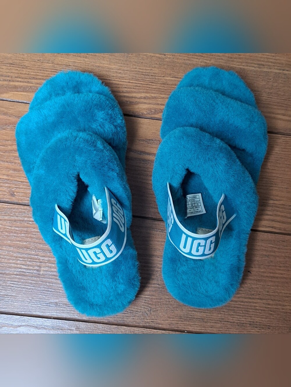 UGG Oh Yeah Fluffy Sheepskin Slingback Sandals "Aquatic Blue" (Turquoise) Size 8 - Picture 6 of 9
